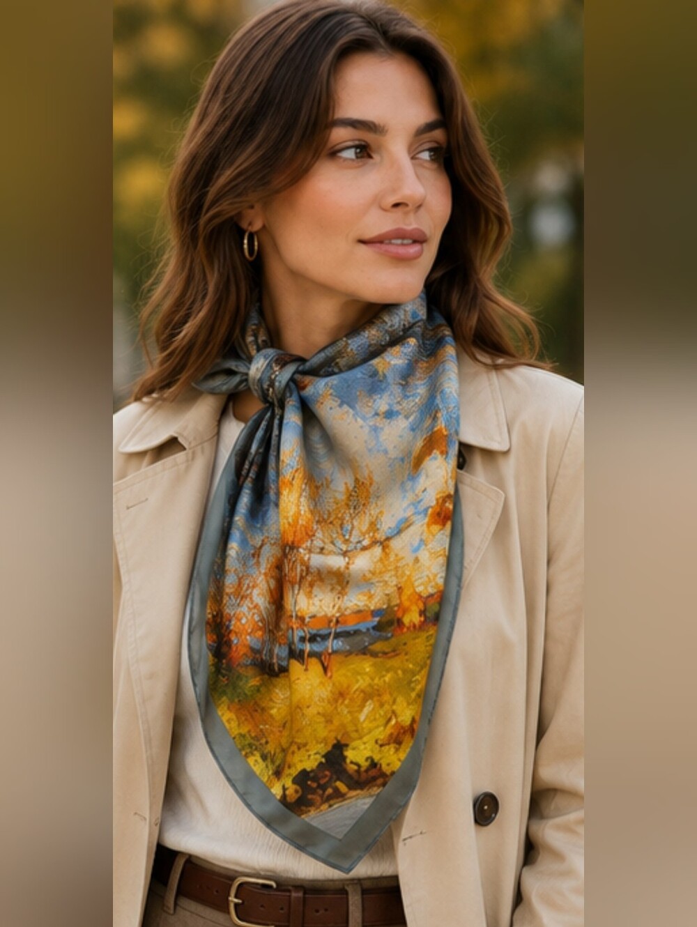 NEW 26" Square Abstract Autumn Landscape Scarf – Golden Trees, Blue & Orange